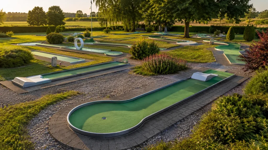 Lange grüne Minigolfbahn zum Üben von Zieltechnik und kontrollierten Schlägen