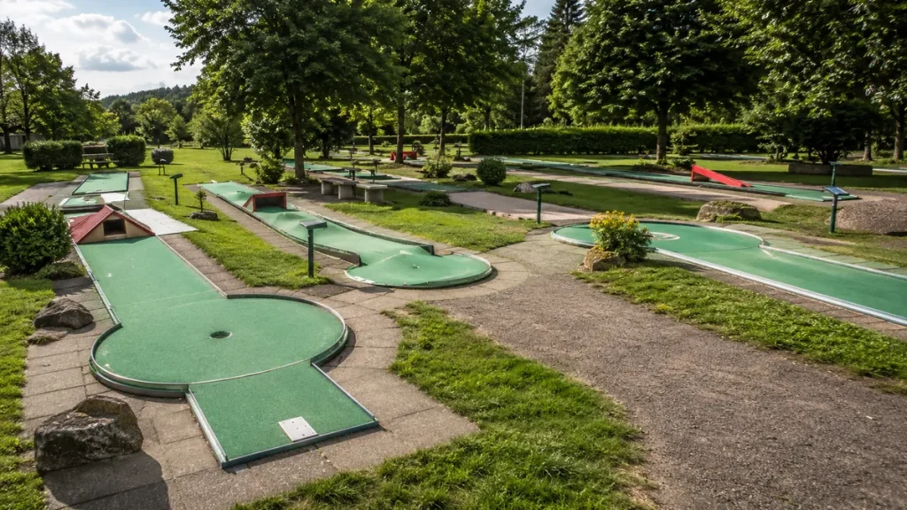 Verschiedene Minigolfbahnen für Anfänger mit Hindernissen und Zielkreisen