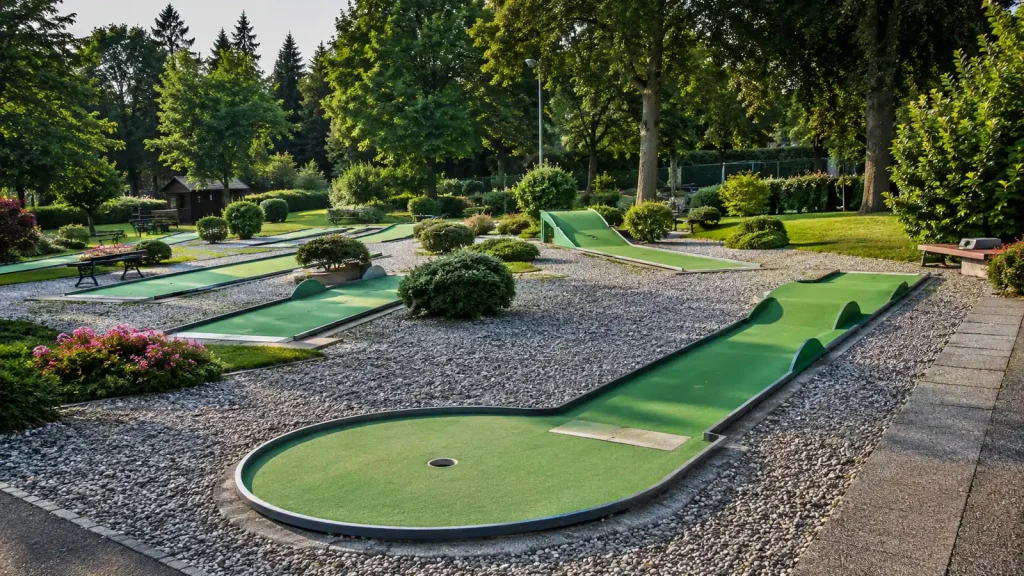 Minigolf-Tipps für Anfänger auf einem Platz mit verschiedenen grünen Bahnen