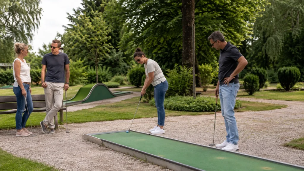 Minigolf-Tipps für Anfänger beim kontrollierten Schlag auf einer grünen Bahn