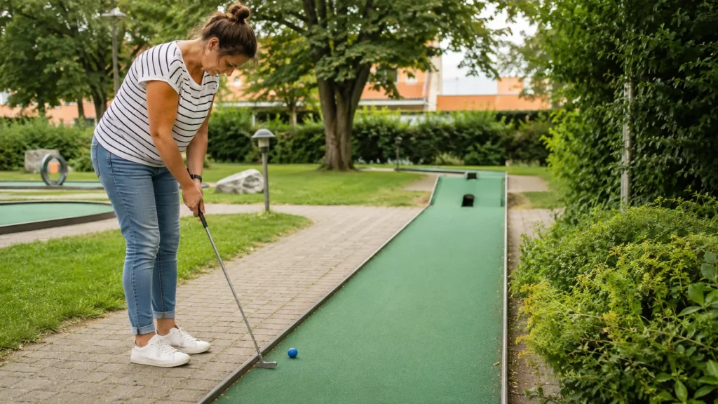 Minigolf-Tipps für Anfänger: Frau übt die richtige Grundhaltung an einer grünen Bahn