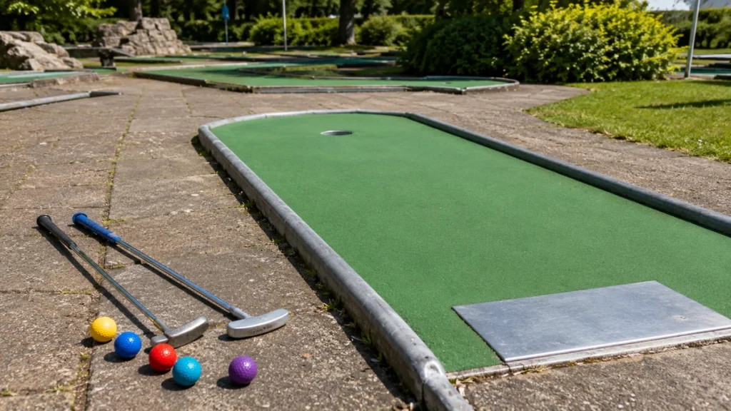 Grüne Minigolfbahn mit Metallbande zum Üben von Bandenspiel und Zieltechnik