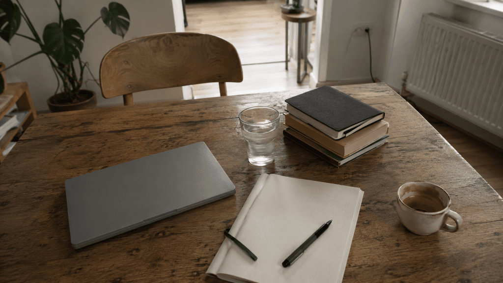 Homeoffice-Tisch mit geschlossenem Laptop, leerem Notizbuch, Wasserglas, Büchern und fast leerer Kaffeetasse.