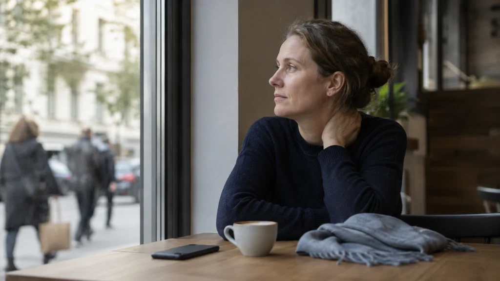 Nachdenkliche Frau sitzt im Café, während ihr Smartphone unbeachtet auf dem Tisch liegt