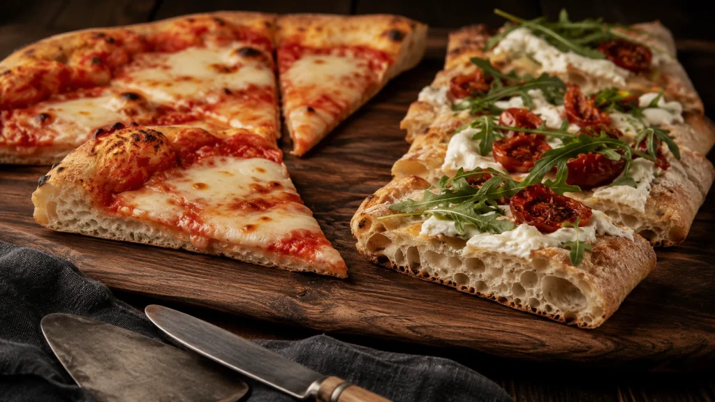 Angeschnittene Pizza und Pinsa mit sichtbarer Krume und unterschiedlicher Teigstruktur