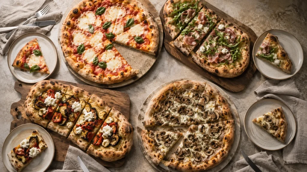 ehrere Pizza- und Pinsa-Varianten auf einem grossen Tisch angerichtet