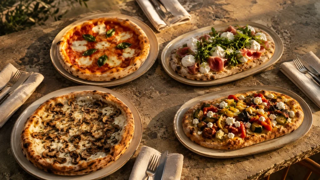 Zwei Pizzen und zwei Pinsas als Vergleich auf grossem Steintisch