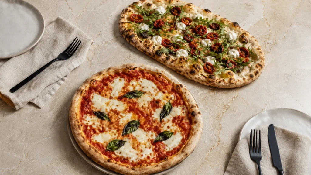 Pizza Margherita und Pinsa Romana von oben auf hellem Marmortisch
