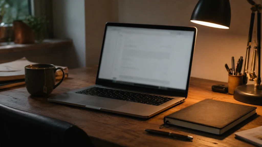 Laptop mit unscharfem Entwurf zeigt eine Pause vor der nächsten Reaktion