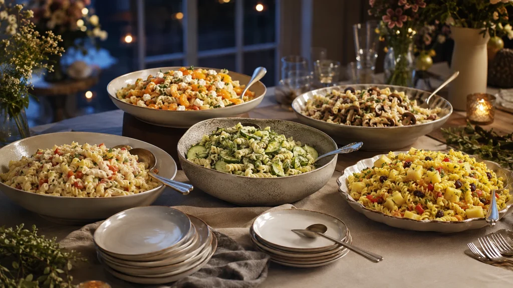 Nudelsalat-Buffet mit fünf Varianten und Rezepten für Gäste