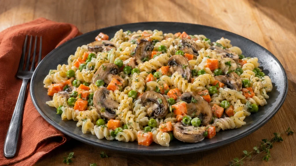 Nudelsalat mit Erbsen, Möhren und gebratenen Champignons