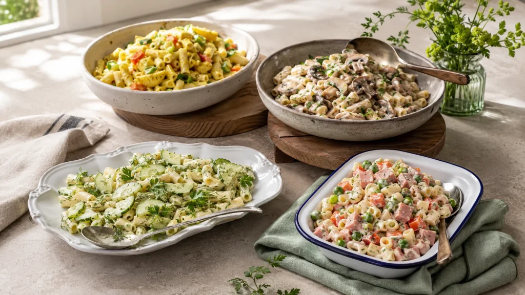 Vier Nudelsalate mit Erbsen, Möhren, Gurke, Ananas und Champignons