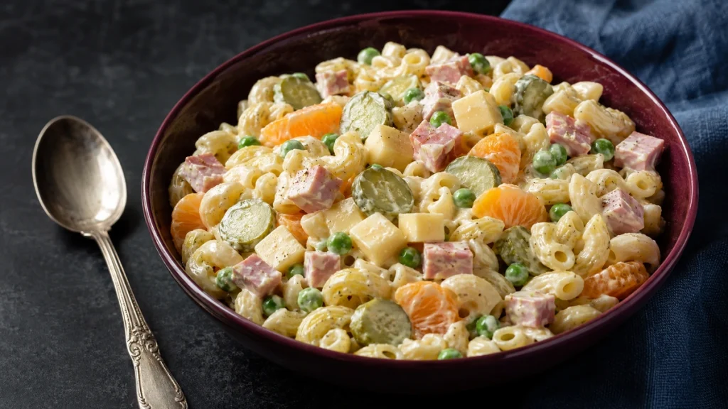 Nudelsalat mit Mandarinen, Käse, Fleischwurst und Erbsen