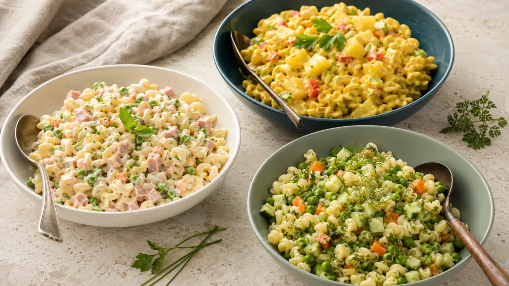 Nudelsalat mit Erbsen und Möhren neben Ananas-Curry- und Gurken-Nudelsalat