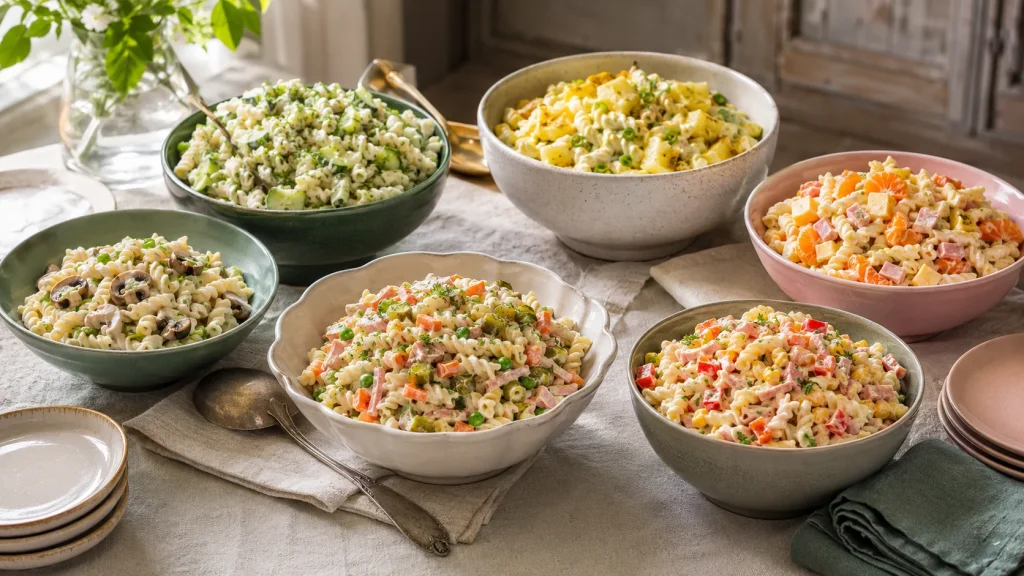 Nudelsalat mit Erbsen und Möhren in sechs Varianten auf einem Buffet