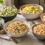 Nudelsalat mit Erbsen und Möhren in sechs Varianten auf einem Buffet