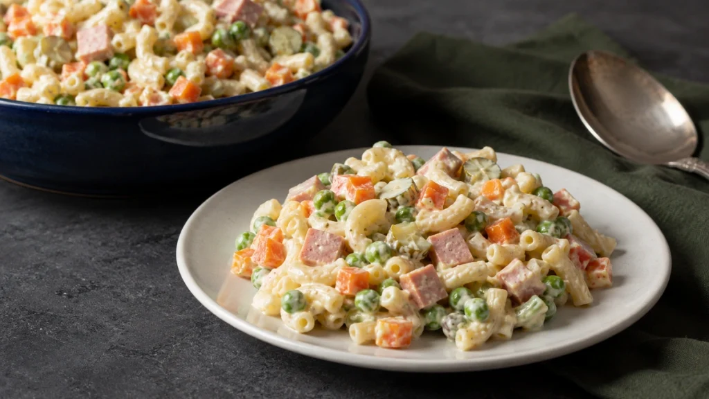 Nudelsalat mit Erbsen und Möhren, Fleischwurst und Gurken