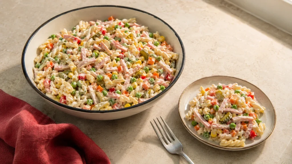 Schneller Nudelsalat mit Fleischsalat, Erbsen und Möhren