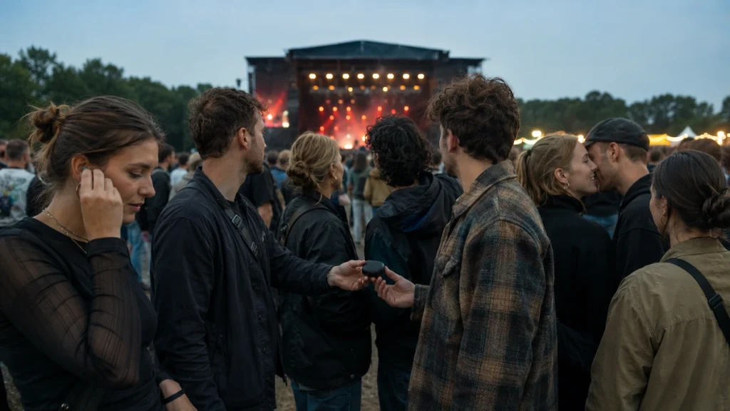 Acht Freunde bereiten sich mit Ohrstöpseln auf ein lautes Open-Air-Konzert vor.