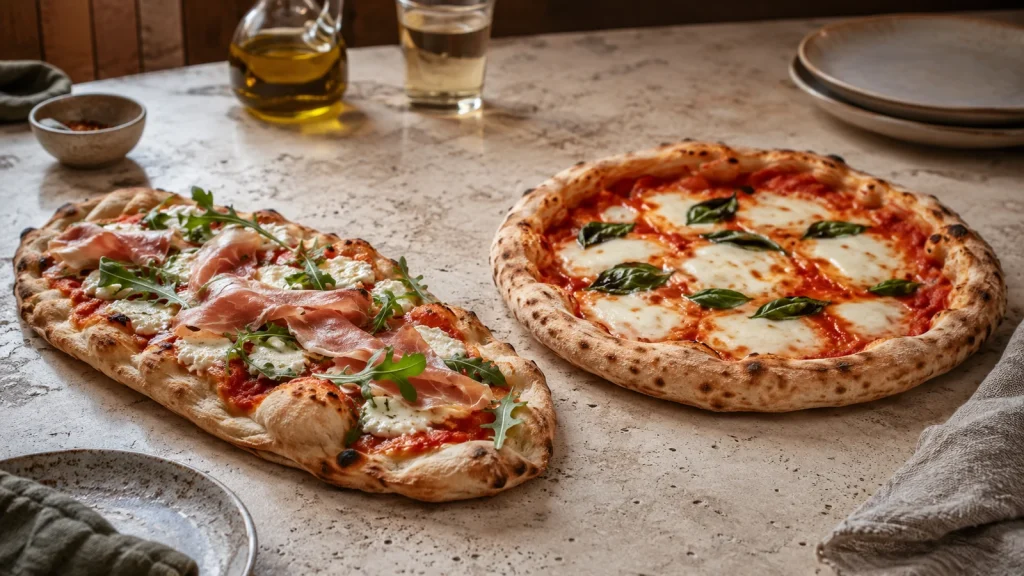 Ovale Pinsa Romana und runde Pizza Margherita im direkten Vergleich