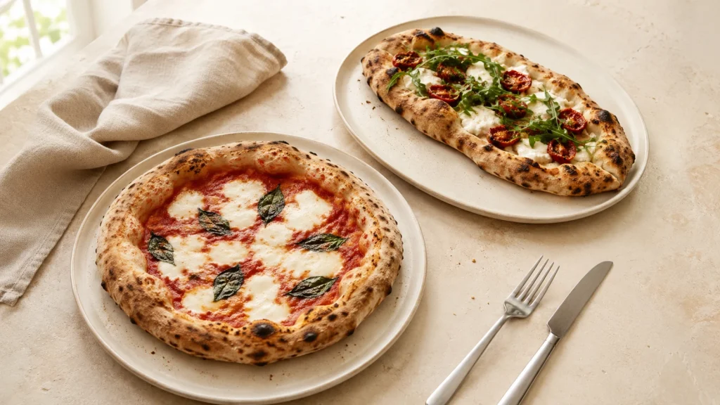 Klassische Pizza und ovale Pinsa in heller Food-Inszenierung