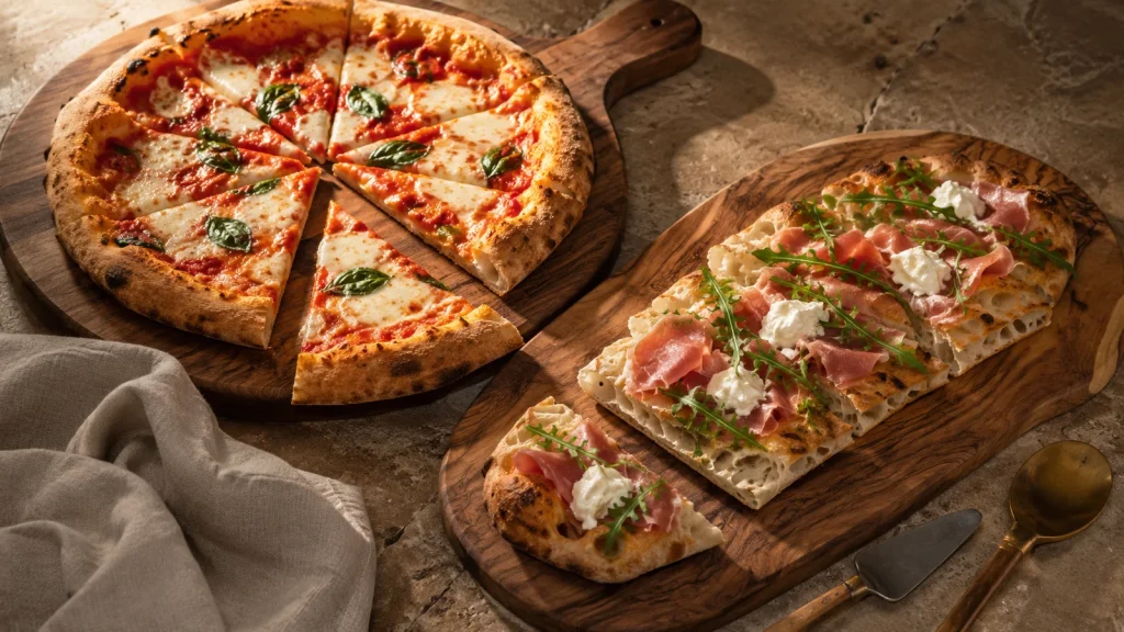 Angeschnittene Pizza und Pinsa auf Holzbrettern mit sichtbarer Teigstruktur