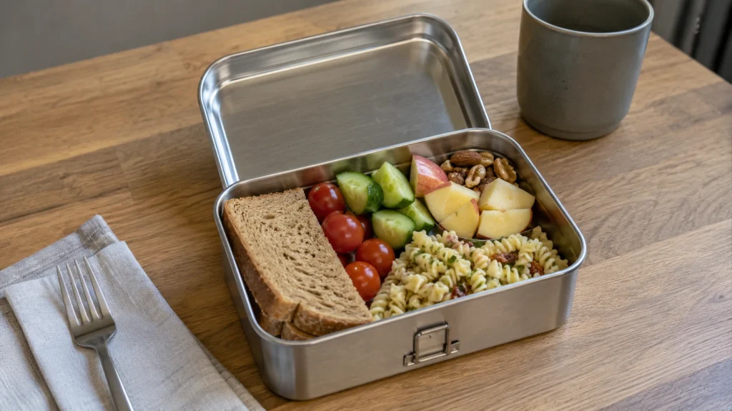 Offene Edelstahl-Lunchbox mit einfachem Essen auf einem Holztisch