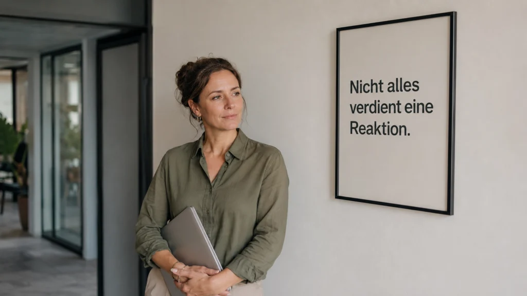 Frau steht ruhig im Büro neben einem Poster mit dem Satz Nicht alles verdient eine Reaktion