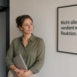 Frau steht ruhig im Büro neben einem Poster mit dem Satz Nicht alles verdient eine Reaktion