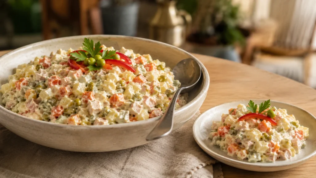 Salata de Boeuf mit Hähnchen, Kartoffeln, Möhren, Erbsen und Gurken