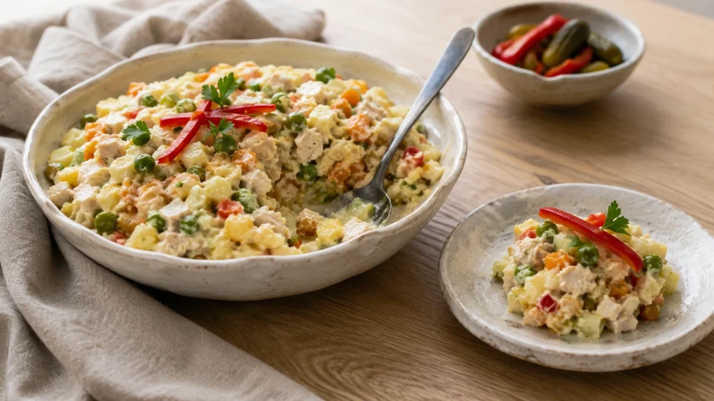 Salata de Boeuf Rezept mit Hähnchen in rumänischer Art in einer Keramikschüssel