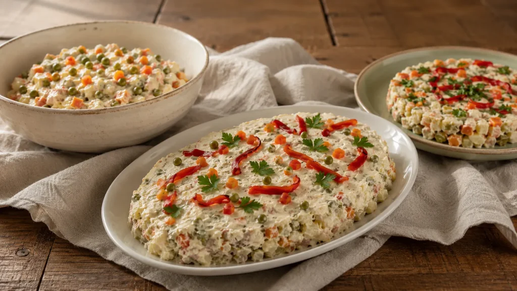 Drei rumänische Salata-de-Boeuf-Varianten auf einem gedeckten Holztisch