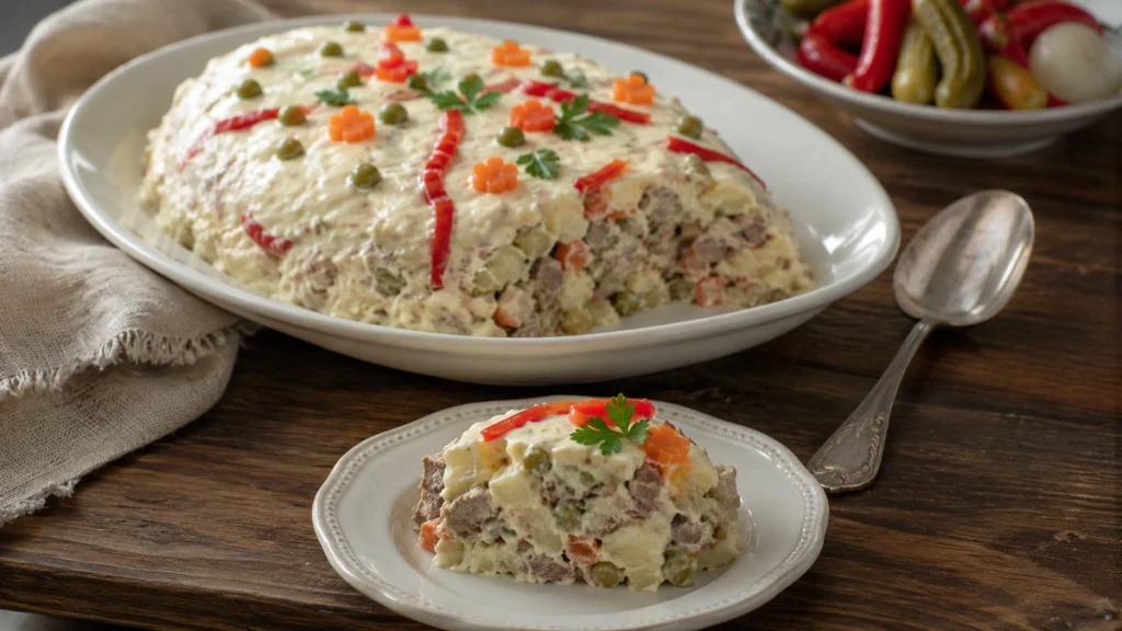 Salata de Boeuf Rezept mit Rind nach original rumänischer Art auf einer Servierplatte