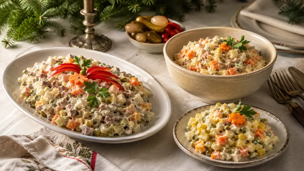 Drei Salata-de-Boeuf-Rezepte mit Rind, Hähnchen und vegetarisch auf einem festlichen Tisch