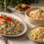 Drei Salata-de-Boeuf-Rezepte mit Rind, Hähnchen und vegetarisch auf einem festlichen Tisch