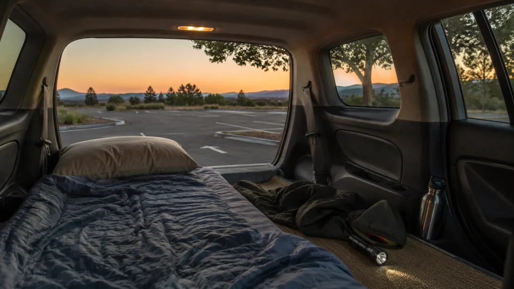 Einfacher Schlafplatz im Auto mit Matte, Decke, Kissen und Wasserflasche