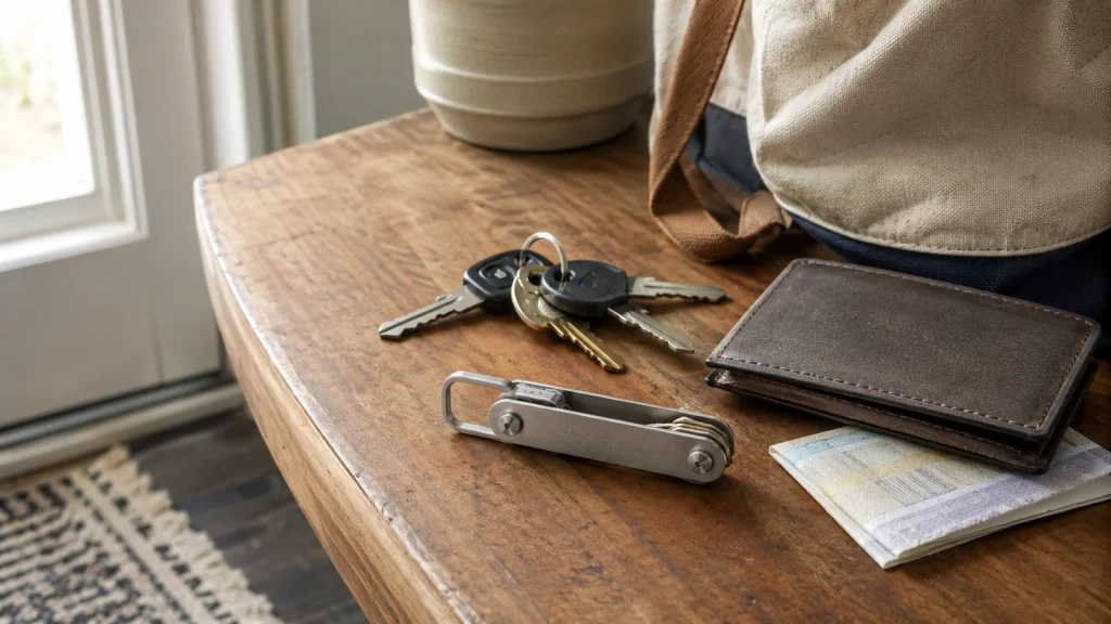 Edelstahl-Schlüsselorganizer auf einem Holztisch mit Geldbörse und Tasche