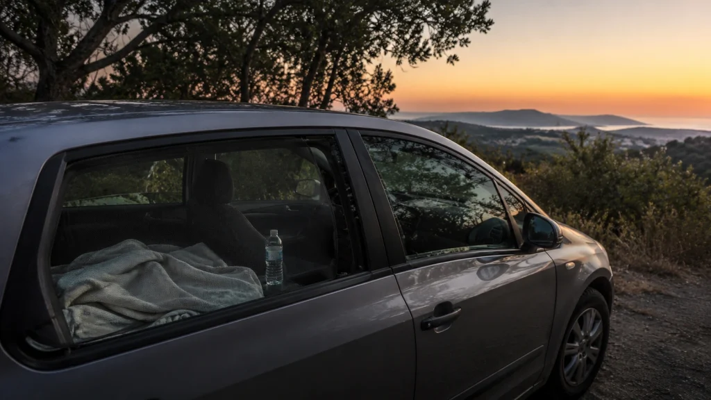 Auto am warmen Abend mit Wasserflasche und leichter Decke im Innenraum