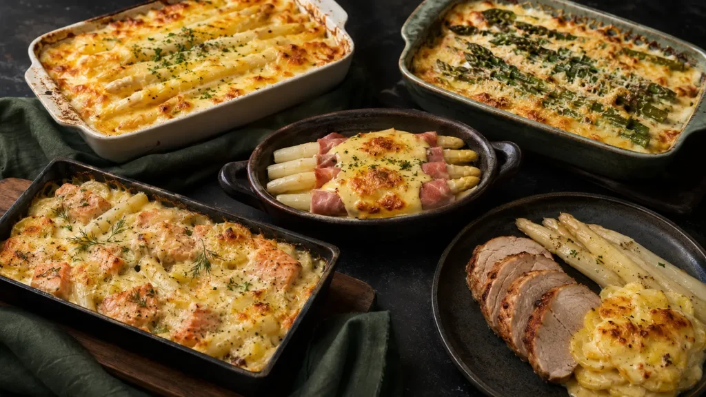 Fünf Spargel-Kartoffelgratin-Varianten mit Lachs, Schinken und Schweinefilet