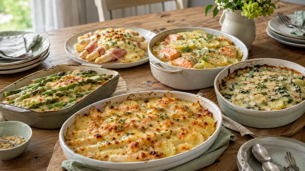 Fünf Spargel-Kartoffelgratin-Varianten mit Schinken, Lachs und Spinat