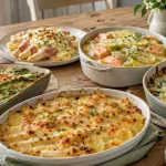 Fünf Spargel-Kartoffelgratin-Varianten mit Schinken, Lachs und Spinat