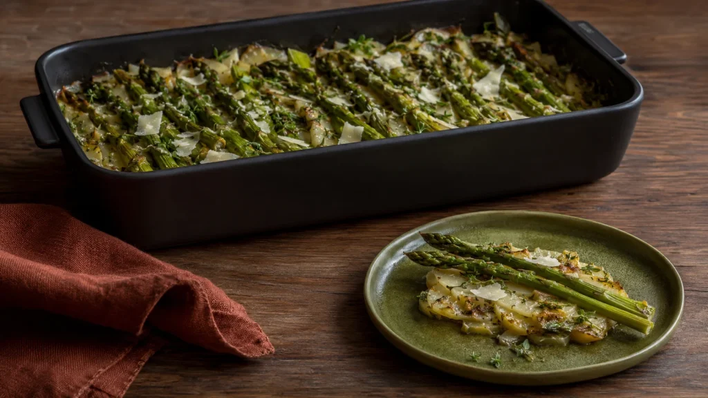 Spargel-Kartoffelgratin mit grünem Spargel, Parmesan und frischen Kräutern