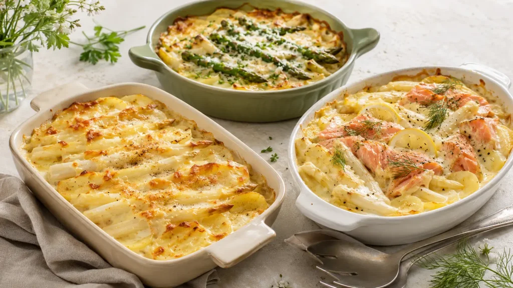 Spargel-Kartoffelgratin als Grundrezept mit grünem Spargel und Lachs
