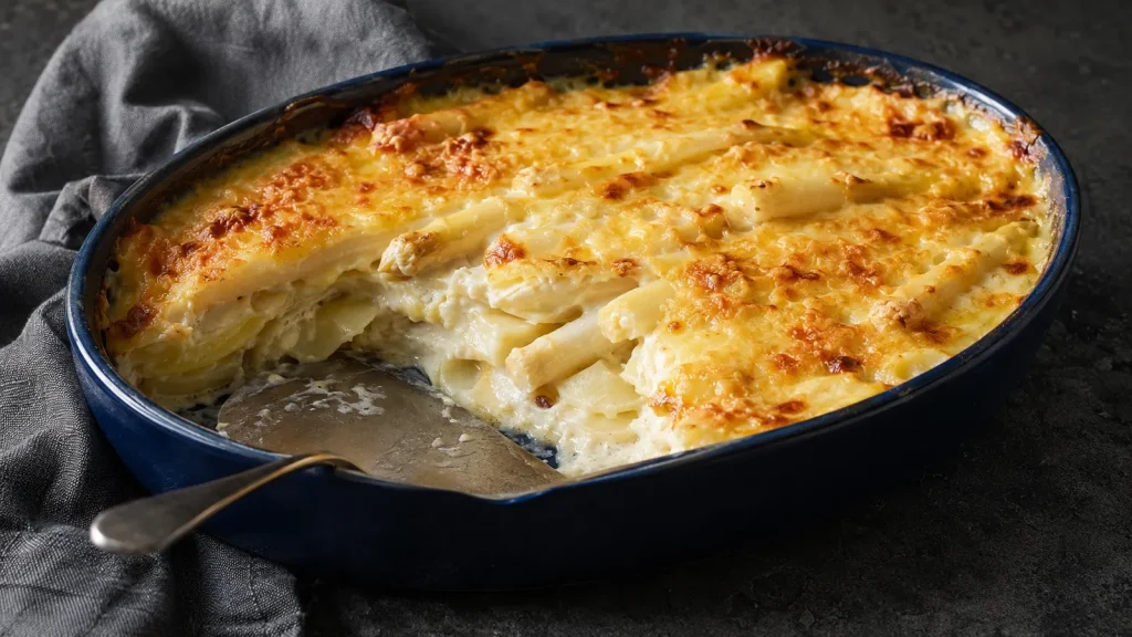 Spargel-Kartoffelgratin nach Grundrezept mit weißem Spargel und goldener Käsekruste