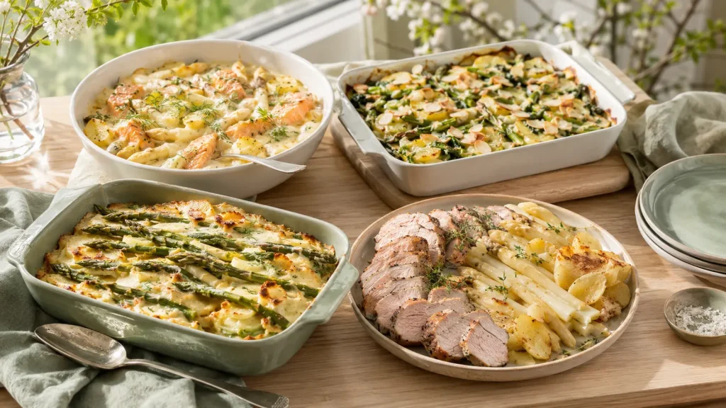 Spargel-Kartoffelgratin mit Lachs, Spinat und Schweinefilet zum Frühlingsessen