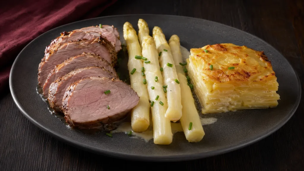 Spargel-Kartoffelgratin mit Schweinefilet, weißem Spargel und heller Sauce