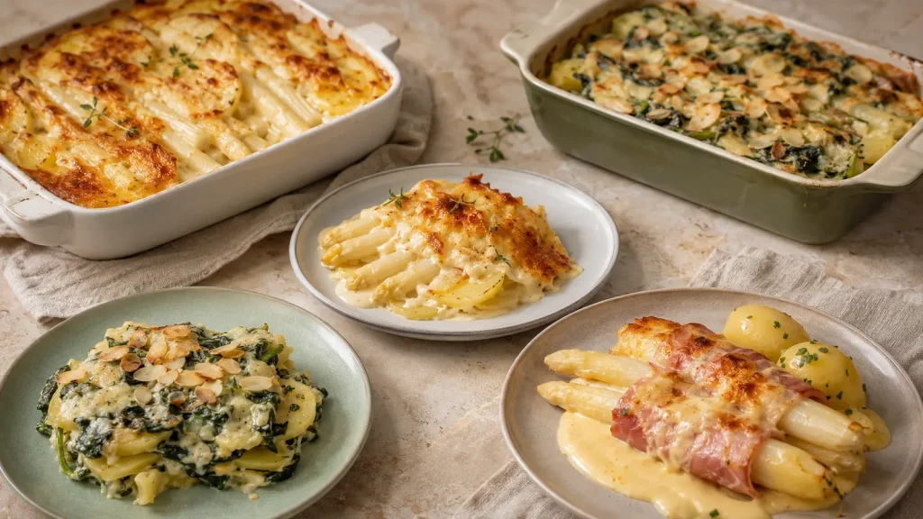 Spargel-Kartoffelgratin mit Schinken und vegan mit Spinat als Portionen