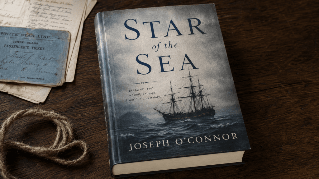 Star of the Sea von Joseph O’Connor auf dunklem Holztisch mit historischem Ticket