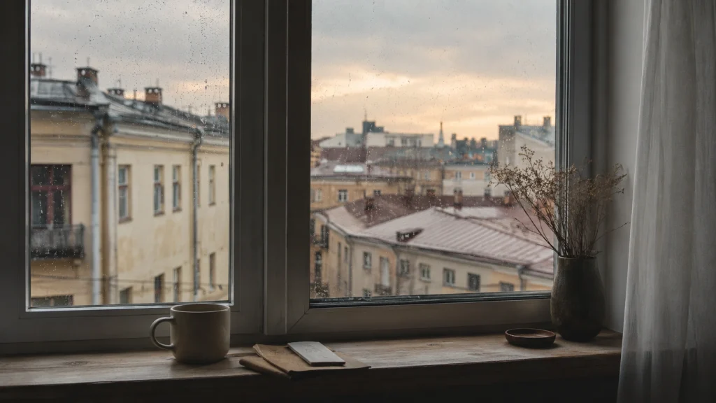 Tasse auf der Fensterbank vor einem regennassen Stadtfenster.