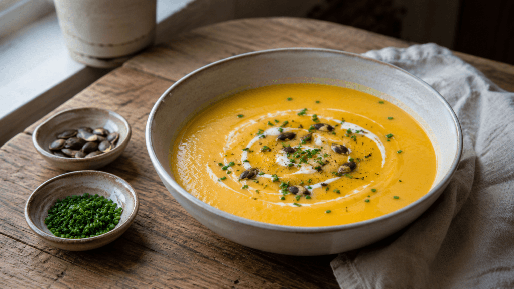 Cremige Sylter Suppe im Suppenteller mit Kokoscreme, Kräutern und gerösteten Kernen